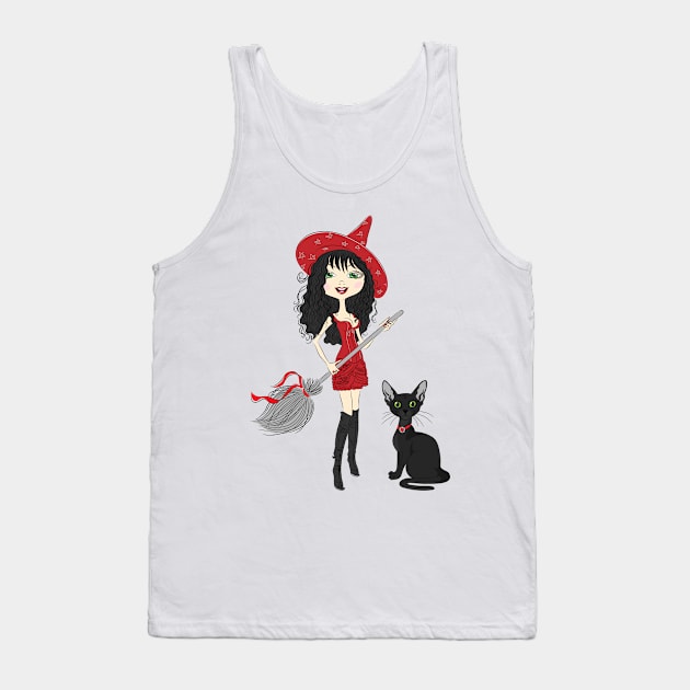 Girl witch with black cat Tank Top by kavalenkava